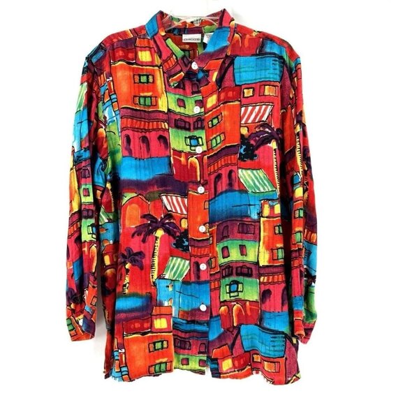 Chicos Linen Button Up Multicolor Village City Artsy Colorful Womens XL 3 - Picture 3 of 12